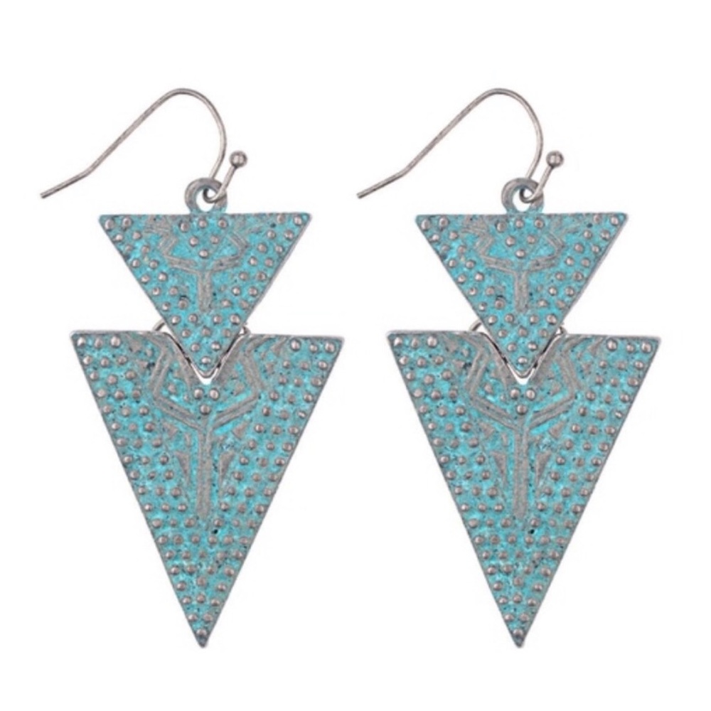 🎉 Boho Patina Triangle Dangle Teal & Silver Earri